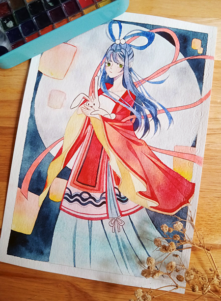 Watercolor painting - Draw Chang'e and Moon Rabbit to welcome the Mid-Autumn Festival