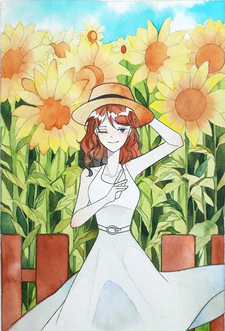 girl drawing, cute girl drawing, girl in the sunflower field, girl drawing watercolor 