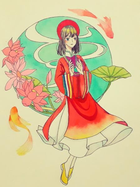 anime girl drawing, Vietnamese classic costume