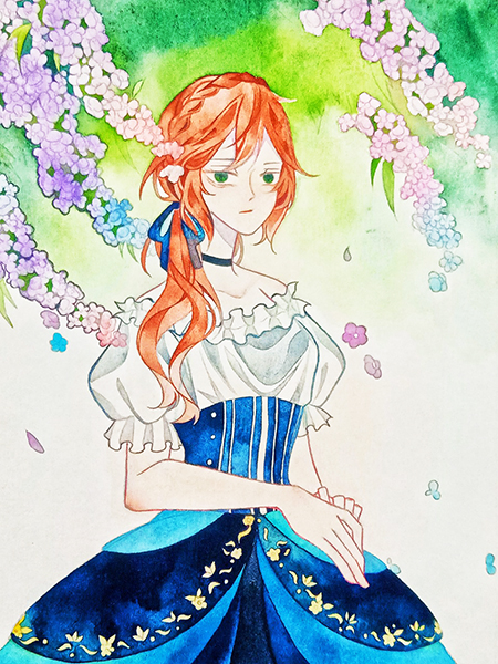 anime girl drawing, vibe, traditional art, watercolor, noble