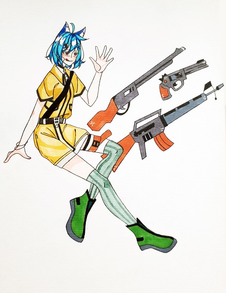 anime girl drawing, guns, soldier style, military accessories