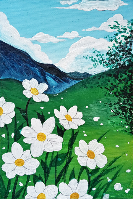 flower, hill, canvas painting, gouache