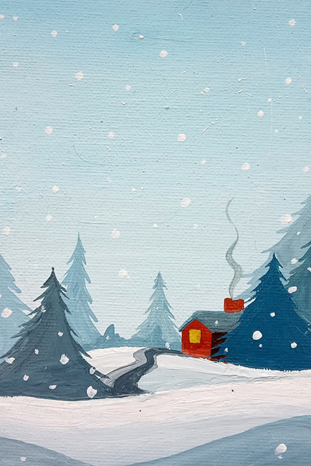 Winter in a small mountain village - A gouache painting on canvas