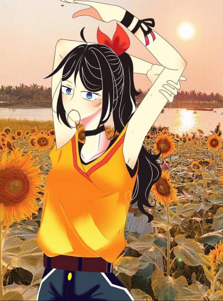 anime girl drawing, sunflower field