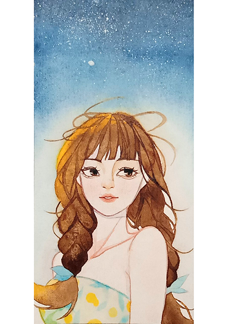 watercolor, semi realistic, semi real, anime girl, bookmark, traditional art