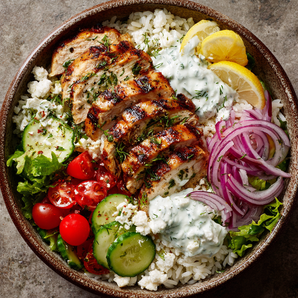Greek Chicken Bowls – Fresh, Flavorful Mediterranean Meal in One Bowl 1 u3929625643 Greek Chicken Bowls in a ceramic bowl sliced lemo c73ffe89 6a4e 4104 98a3 d340175b3318 0